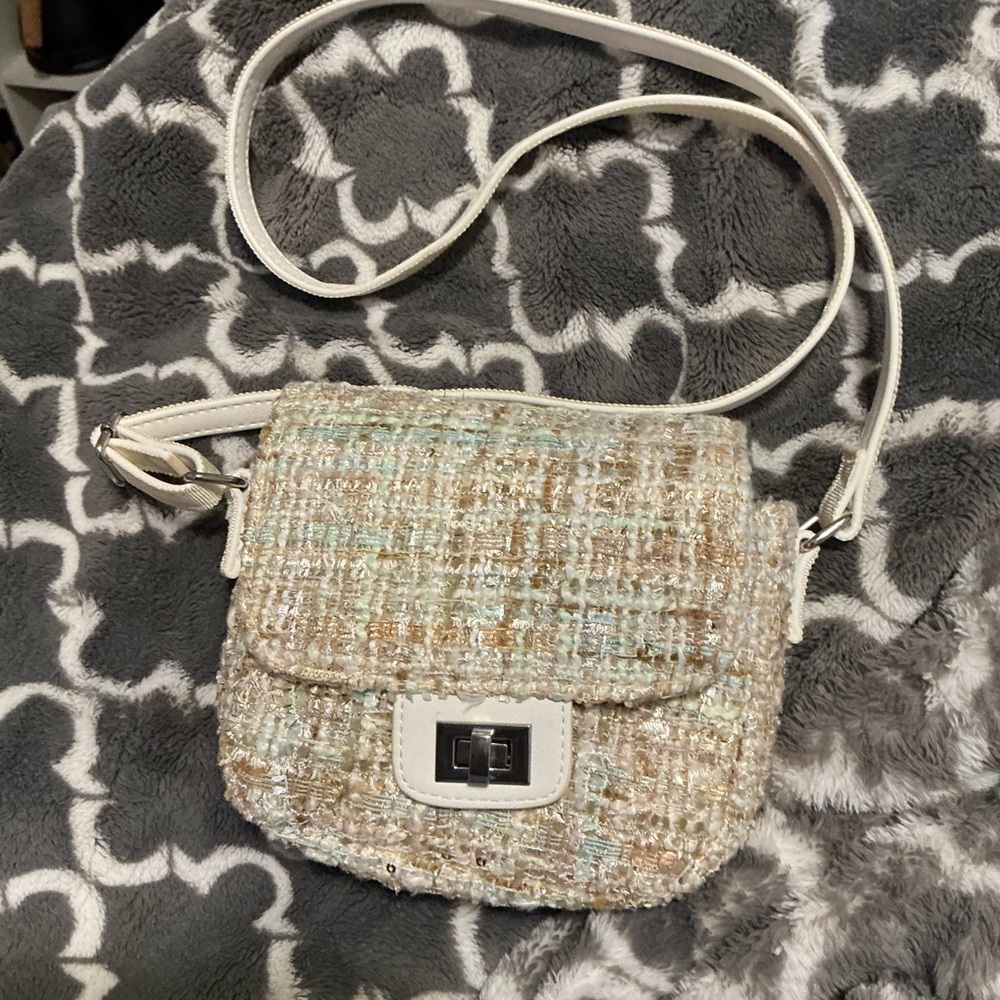 (Girls) Elegant Tweed Crossbody Bag - Cream and Tan